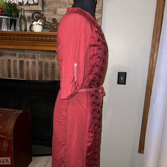 Anthropologie Tiny Red Embroidered Front Tie Waist Dress S - Picture 3 of 4